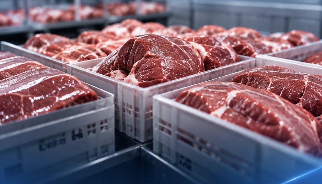 Cortes de carne em caixas plásticas em câmara fria