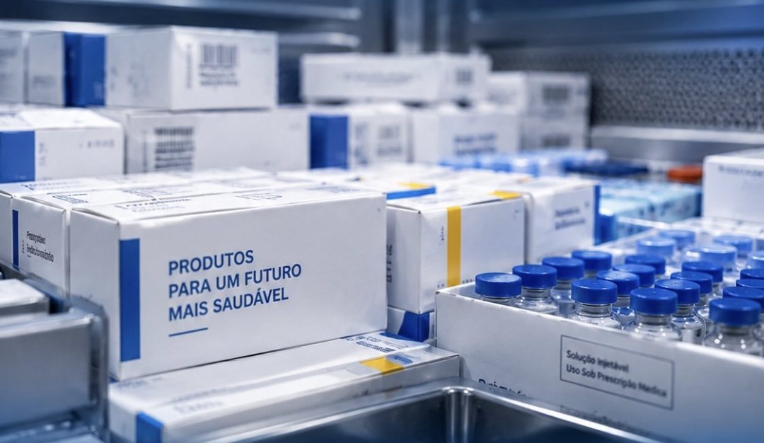 Caixas de medicamentos e frascos em ambiente refrigerado