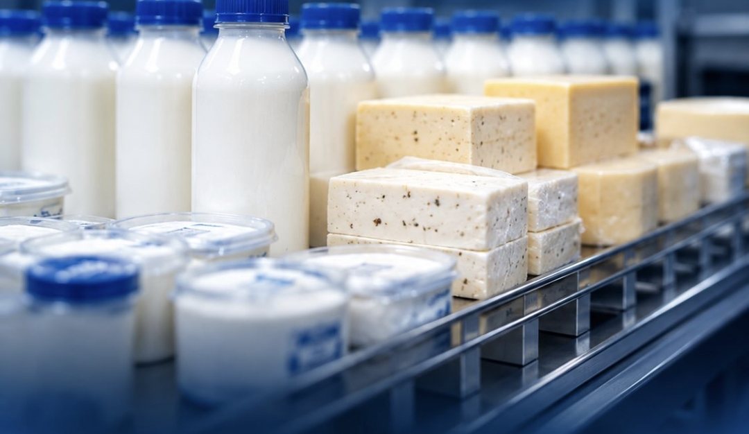 Garrafas de leite, queijos e iogurtes refrigerados